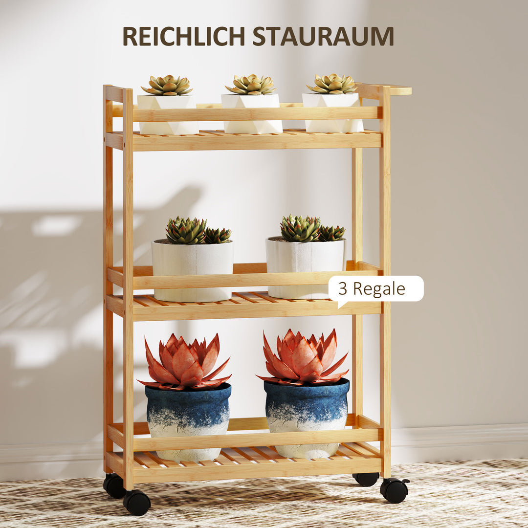Serveringsvogn, 3 niveauer, lamelhylder, faldsikring, bambus, 55 x 20 x 75 cm