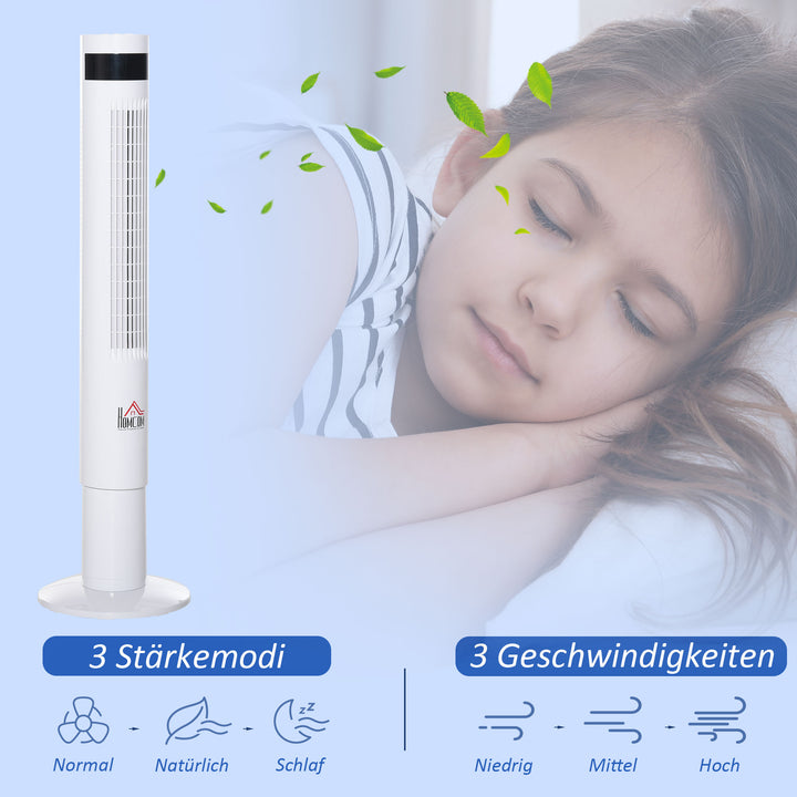 Tårnventilator, piedestalventilator med 3 hastighedsindstillinger, fjernbetjening, 50W ventilator med 12-timers timer, LCD-display, 85° oscillation, til soveværelser, hvid