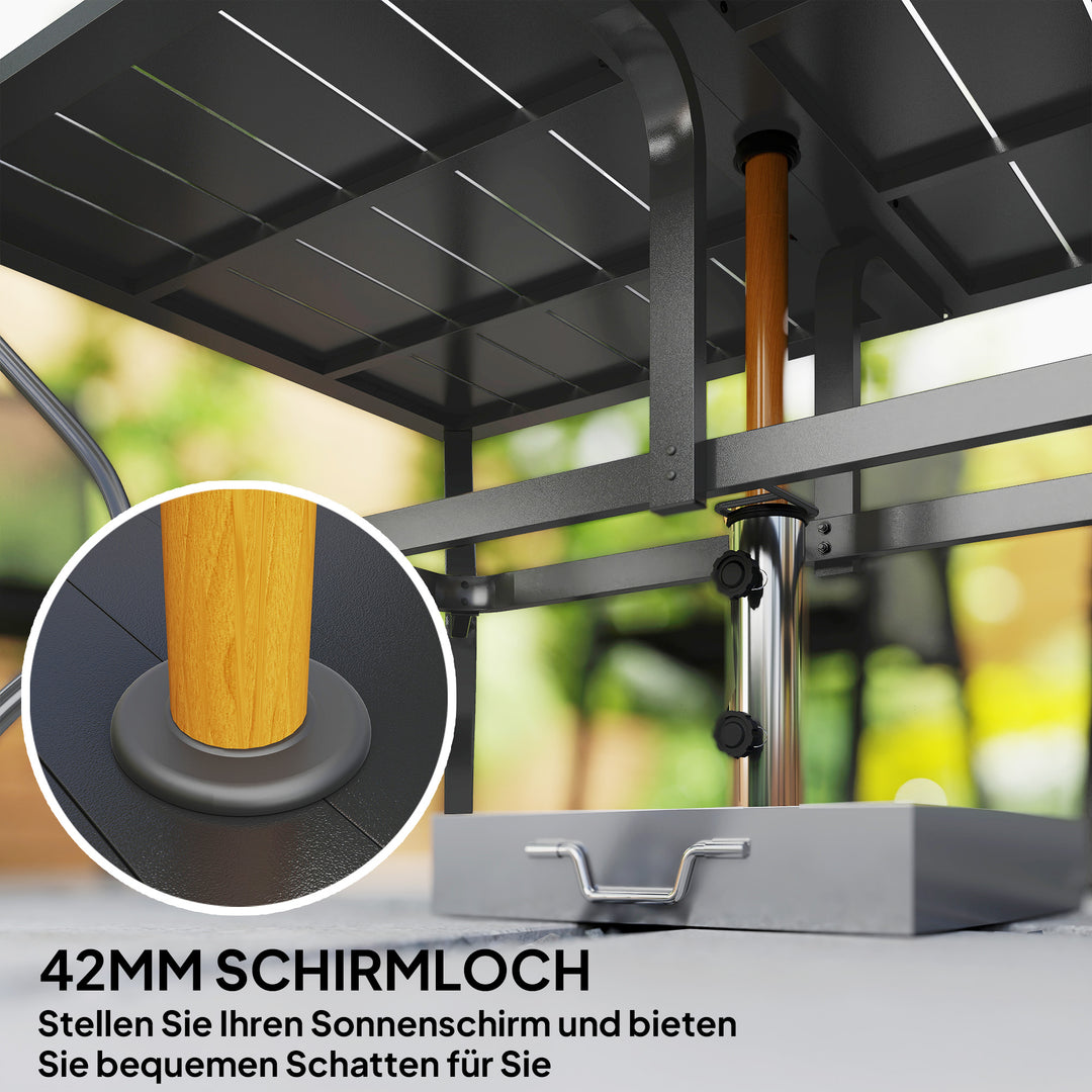 Havebord stål 150x90 cm vejrbestandigt balkonbord med parasolhul, lameldesign til 6 personer sort