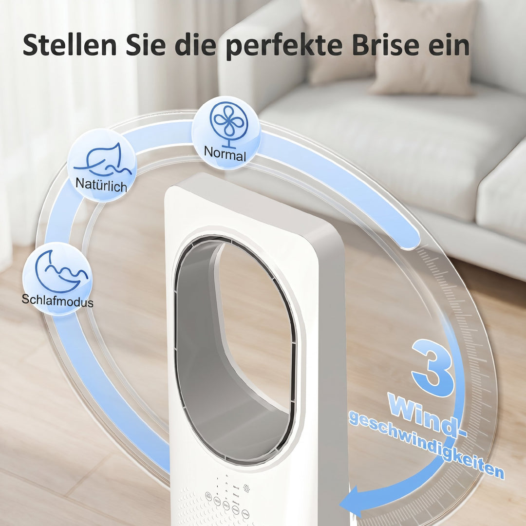 Bladløs tårnventilator til soveværelser, 36 dB standerventilator med 45° oscillation, 3 hastigheder, 3 tilstande, 15-timers timer, hvid