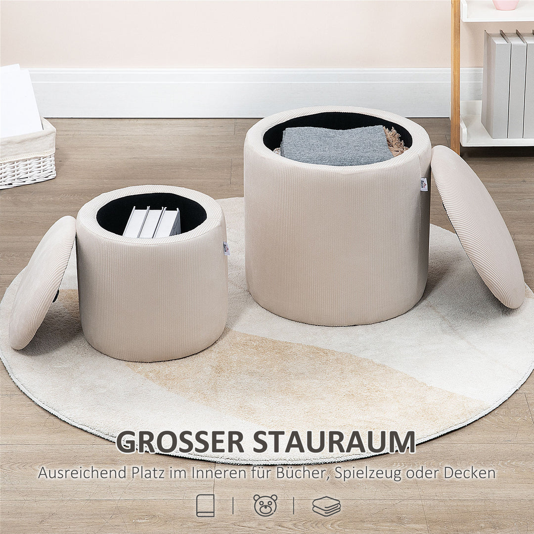 Fodskammel, sæt med to, med opbevaringsplads, blød polstring, betræk i corduroy look, cremehvid, 40 x 40 x 41 cm