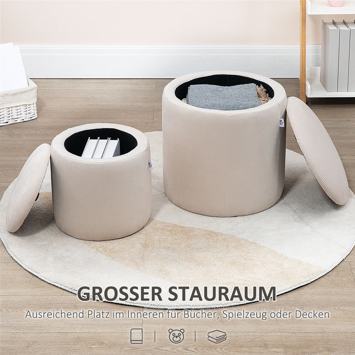 Fodskammel, sæt med to, med opbevaringsplads, blød polstring, betræk i corduroy look, cremehvid, 40 x 40 x 41 cm