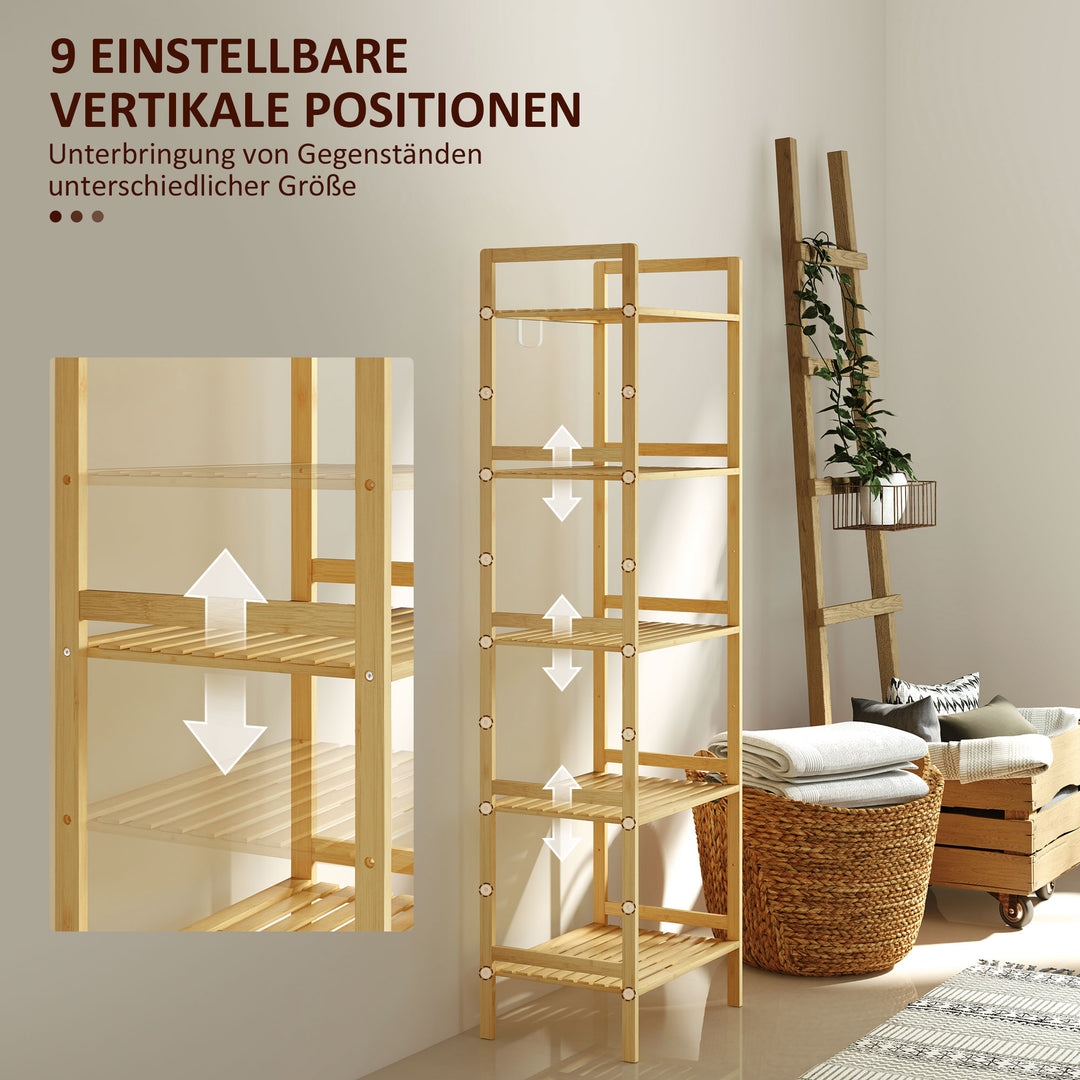 Badeværelseshylde i bambus med 5 niveauer, opbevaringsstativ med justerbare hylder, 43,5 x 31,5 x 142 cm, naturtræ