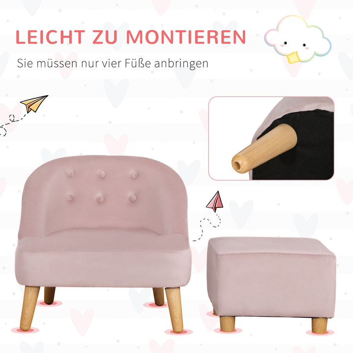 Børnelænestol med fodskammel til børn i alderen 3 til 5 år. Sødt design, fløjlslook. 51 cm x 51 cm x 50 cm. Lyserød.