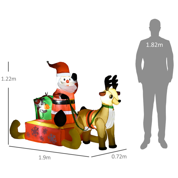 Oppustelig juledekoration, julemanden med kane og rensdyr, med LED-lys, til haven