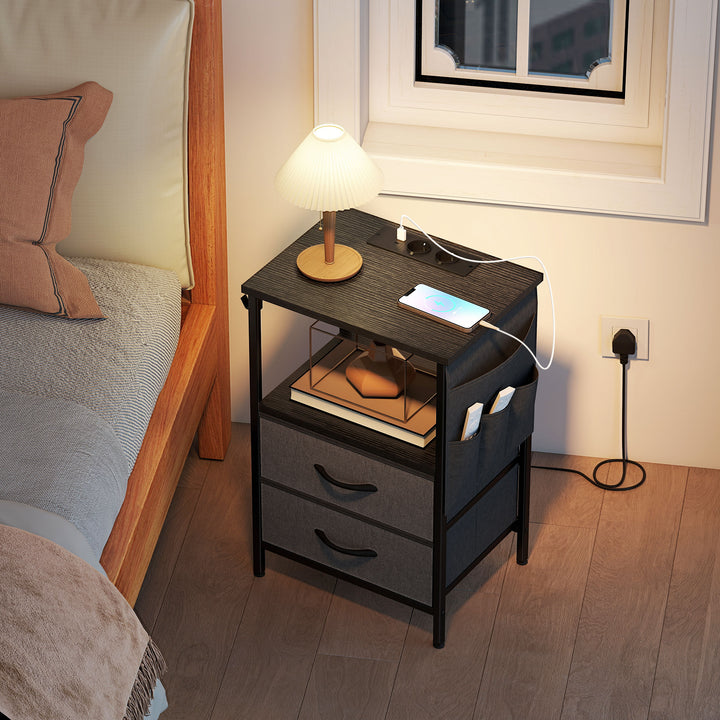 Sofabord/sidebord med ladestation, stålstel, USB-C-porte, skuffer, kroge, 40 cm x 30 cm x 60 cm, sort