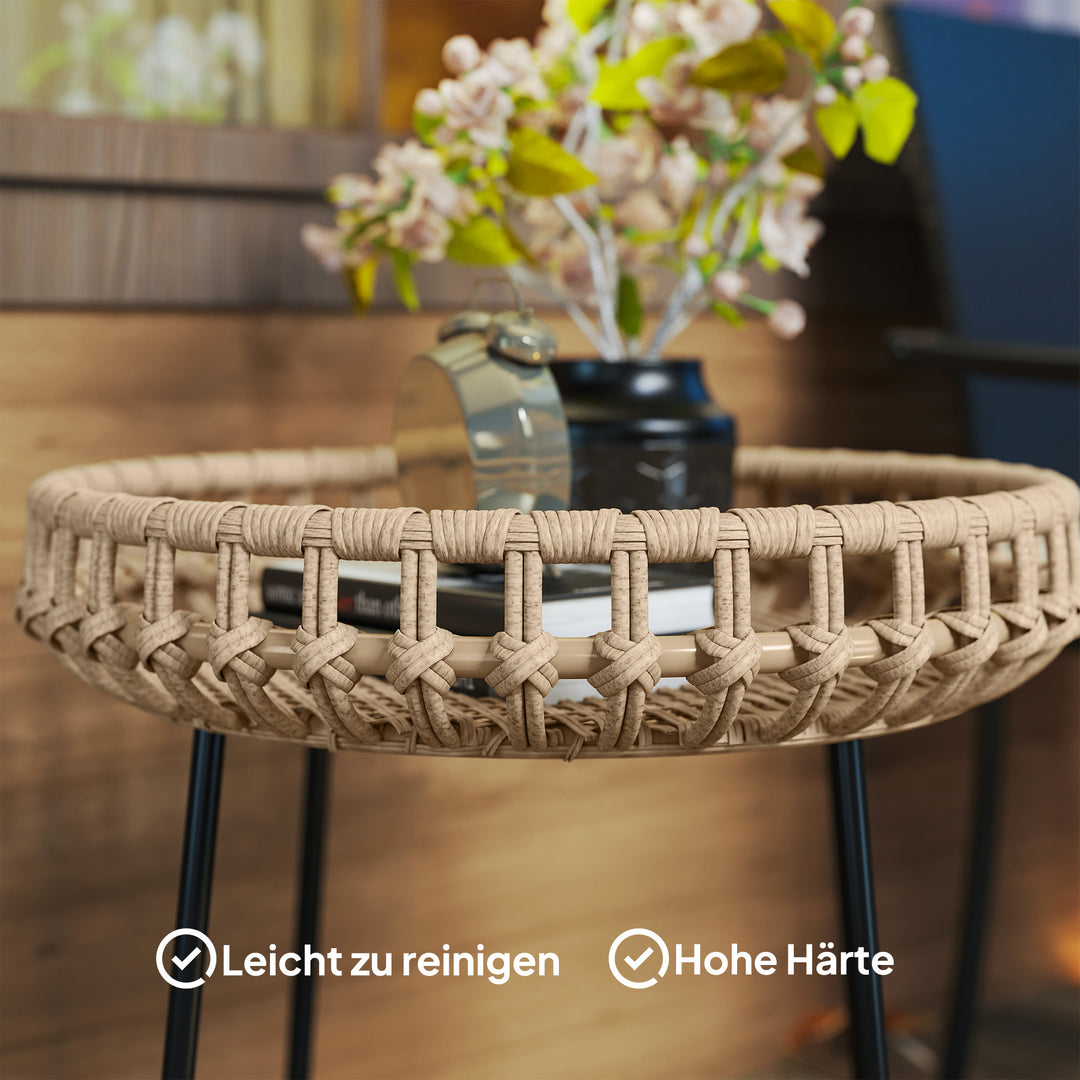 Sæt med 2 sideborde i polyrattan 60/41 cm rundt, vejrbestandigt havebord med x-ben, justerbare fodpuder, brun