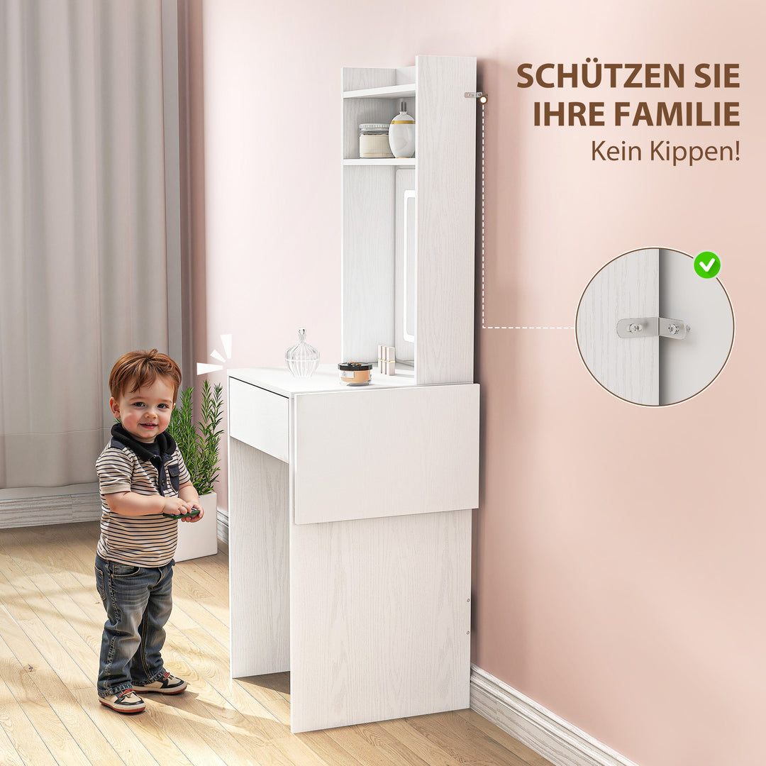 Kompakt sminkebord med spejl og led-belysning, sammenklappelig bordplade, åbne hylder, skuffe, mdf, hvid