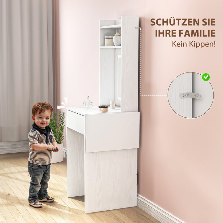 Kompakt sminkebord med spejl og led-belysning, sammenklappelig bordplade, åbne hylder, skuffe, mdf, hvid