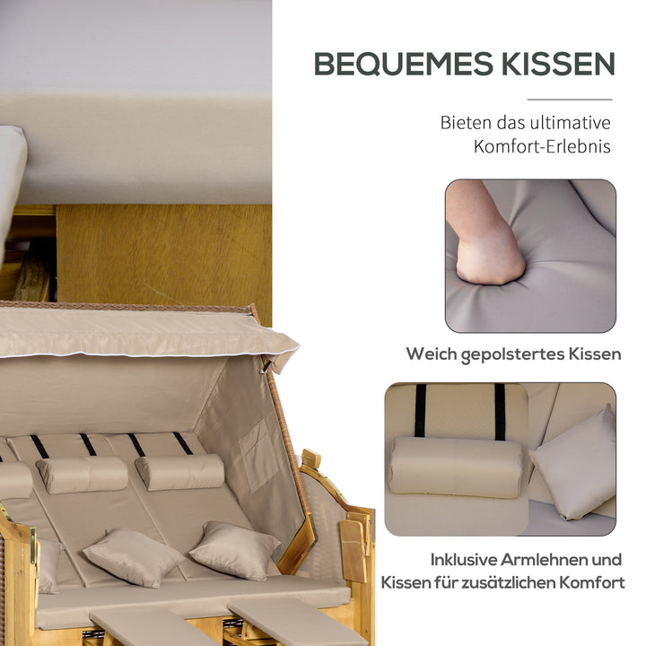 Strandstol/solseng med baldakin, 2 klapborde, fodstøtte, chaiselong, justerbar ryglæn med 5 positioner, XXL polyrattan, naturlig finish, 150 x 79 x 160 cm