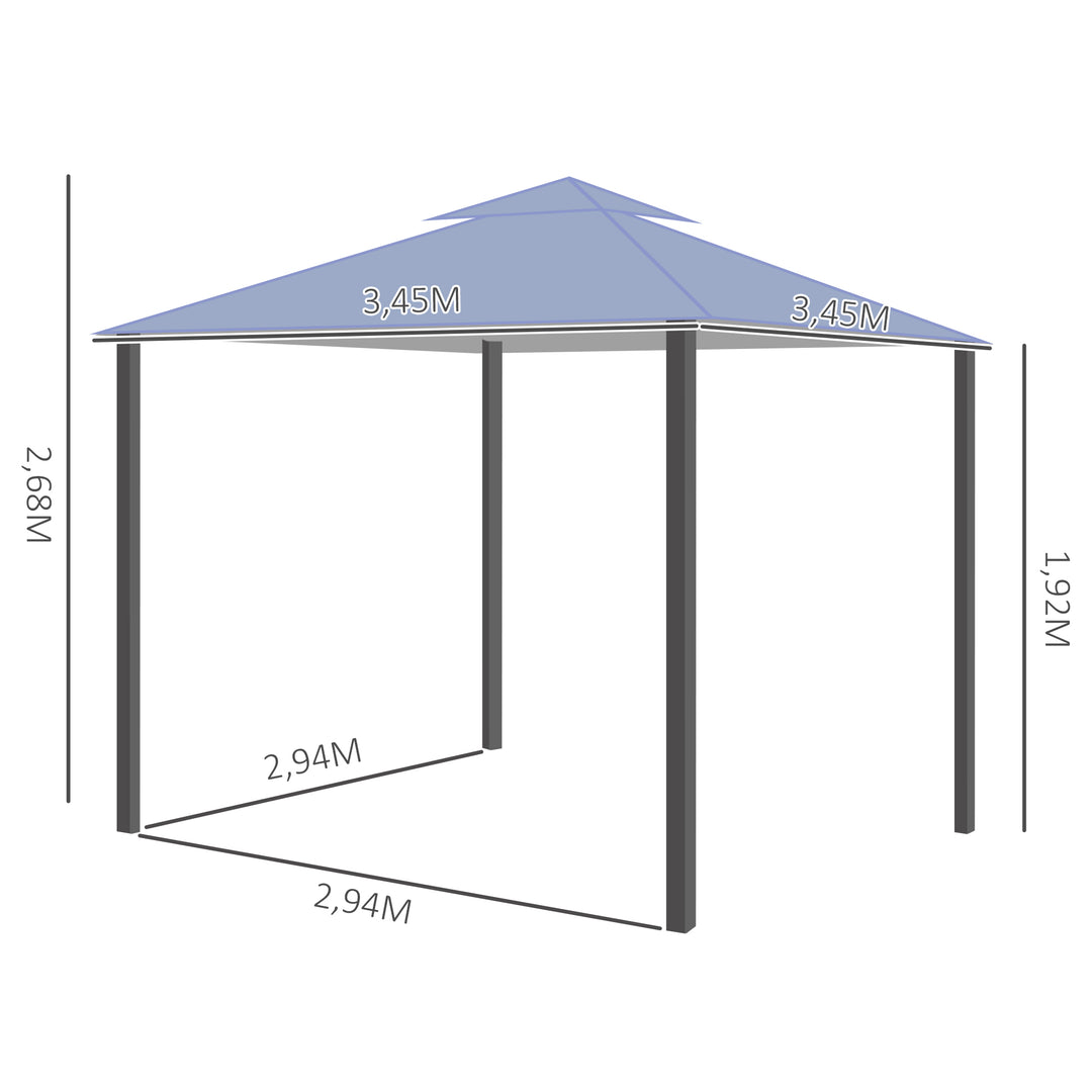 Pavilion partytelt med dobbelt tag 3,45x3,45x2,68m partytelt havepergola metal polyester grå