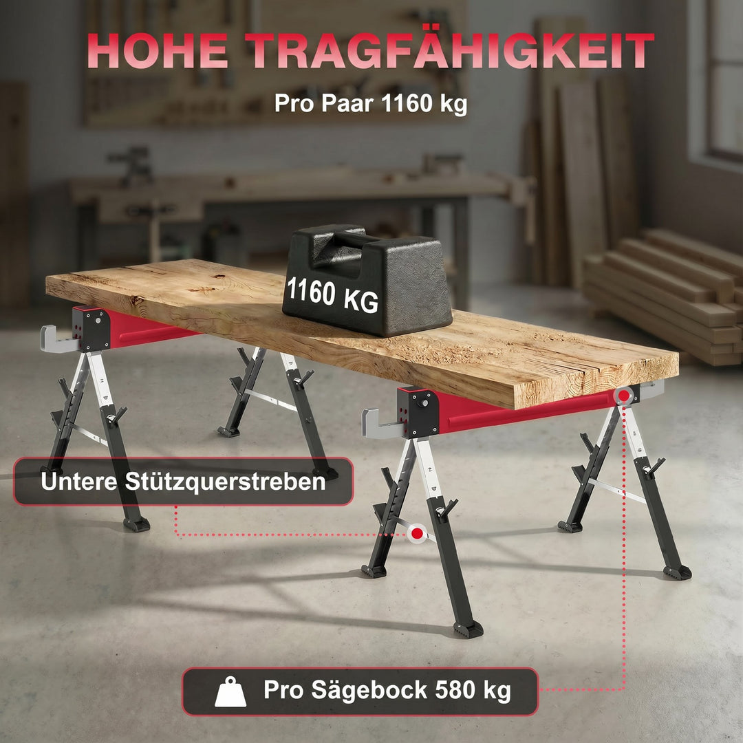 Sæt med 2 foldbare savbukke, lasteevne op til 1160 kg, 7-vejs højdejusterbar (64-81 cm), metal stilladsbukke med håndtag, rød