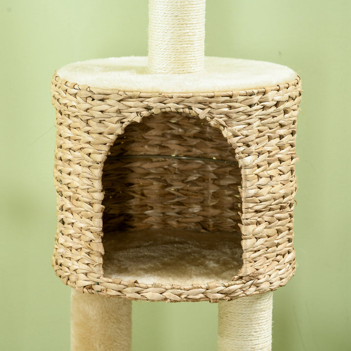 Kradsetræ med kattehule, liggeplatform, legebold, 45x40x116 cm, brun/beige