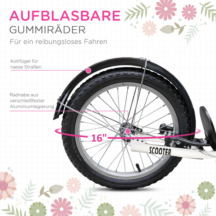 Børneløbehjul med bremse, inkl. kurv, højdejusterbar, til børn fra 5 til 12 år, hvid + lyserød