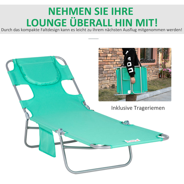 Havestol, liggestol med polstret ansigtsåbning, udendørs massagebord, sidelomme, stof, metal, grøn