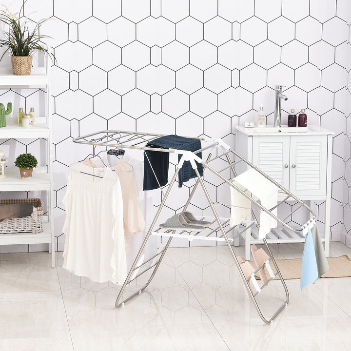 Tørrestativ 1,48 m tørrelængde bærbar stående tørretumbler med teleskopstænger, vingeformet tørrestativ til indendørs og udendørs brug, sølv + hvid
