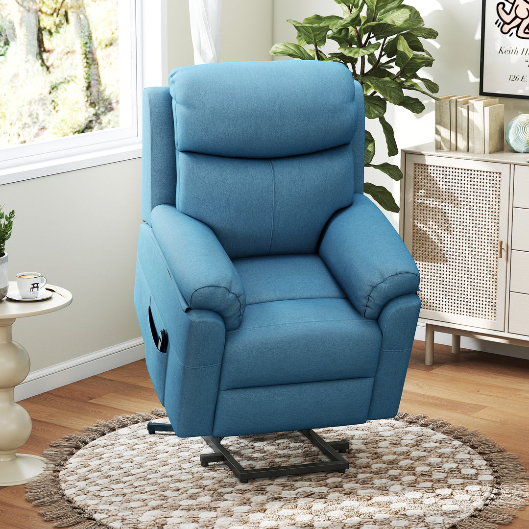 Elektrisk stol med ståhjælp til seniorer, tv-stol med sovefunktion, linned touch, blå, 83 x 89 x 102 cm