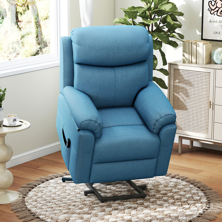 Elektrisk stol med ståhjælp til seniorer, tv-stol med sovefunktion, linned touch, blå, 83 x 89 x 102 cm
