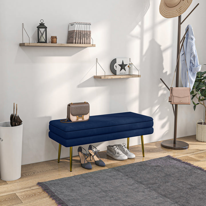 Polstret bænk med opbevaring, stål, 100 cm x 37,5 cm x 42 cm, blå