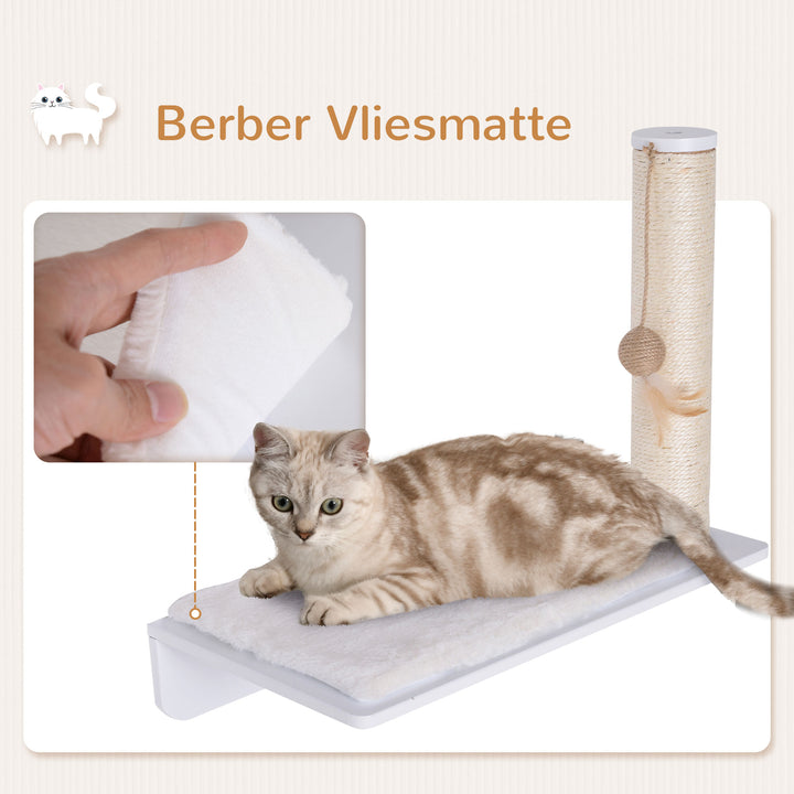 Klatrevæg til katte, vægmonteret kradsetræ, katteligger med kradsetræ, 53 cm kattehylde med boldlegetøj, plysmåtte, kradsetræ til katte, kattesøjle, hvid