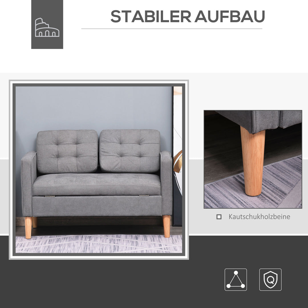 2-personers sofa, sofa med opbevaring, træben, polstret sofa med fløjlslook til stue, soveværelse, 117 x 62 x 78 cm, grå