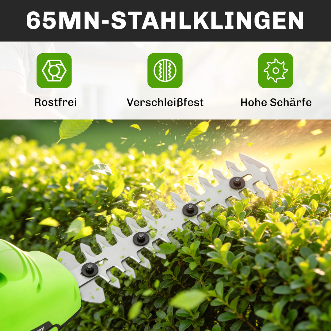 2-i-1 ledningsfri hækkeklipper, elektrisk hække- og buskrydder med 20/10 cm klippelængde, oplader