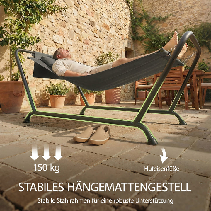 Hængekøje med stativ 237 x 90 cm, hængekøje med sprederbøjle og sidelomme, nakkestøtte, metalramme, op til 150 kg