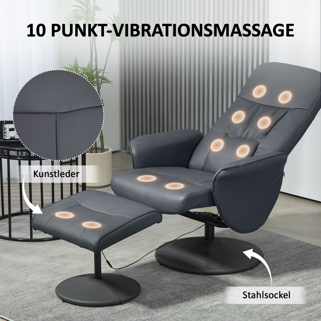 Massagestol med fodskammel, ergonomisk stol med 10 vibrationspunkter, kunstlæder, 76 x 81 x 105 cm, mørkegrå