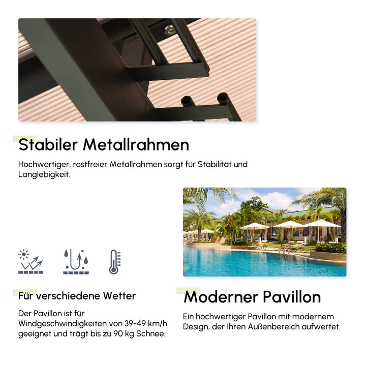 Solrig pavillon med polycarbonattag, gardiner med fluenet, aluminiumsramme, mørkegrå, 3 x 4 x 2,6 m