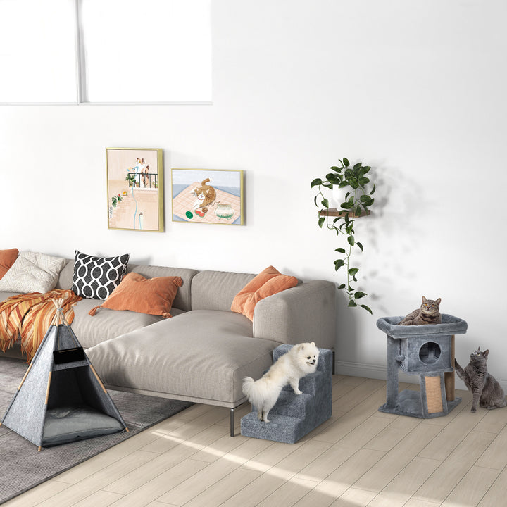 Kradsetræ 57 cm lille kradsetræ med kattehule, hvileplatform, kradsetræ til katte med kradsebræt, legebold, kattemøbler til katte op til 5 kg lysegrå