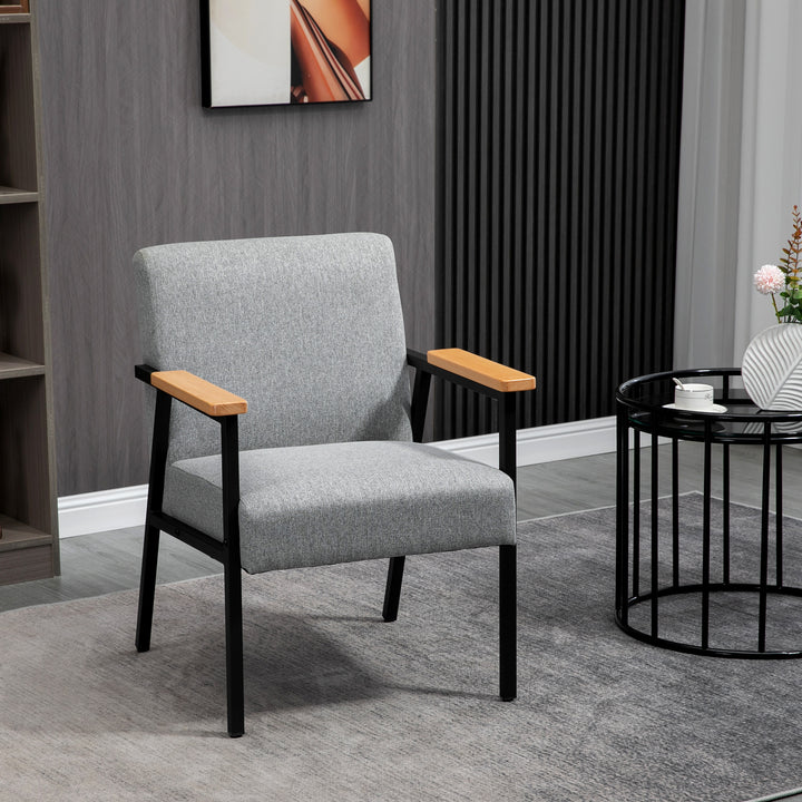 Accentstol i skandinavisk design, lænestol, accentstol, linnedlook, gummitræ, grå + sort + brun