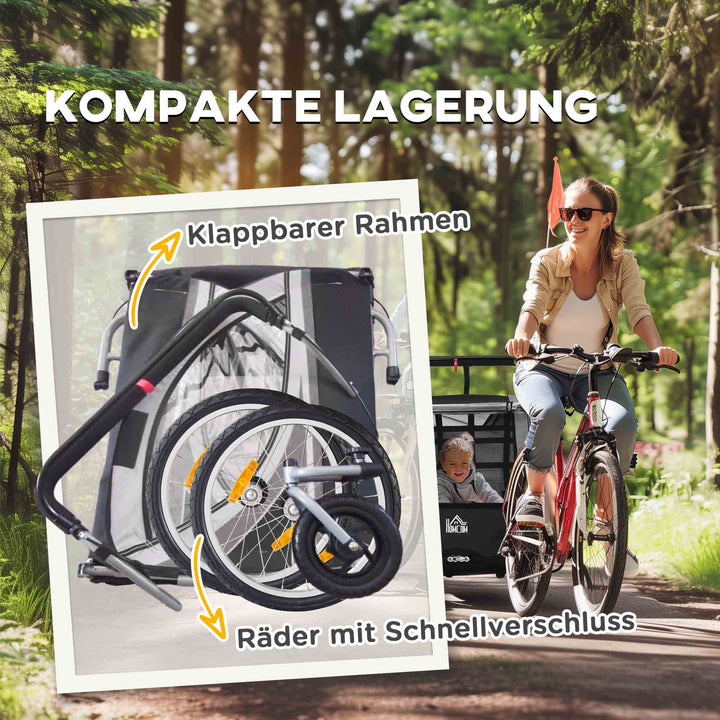 Børnecykeltrailer, skubbetrailer, med bremser, foldbar, til 2 børn, grå/sort