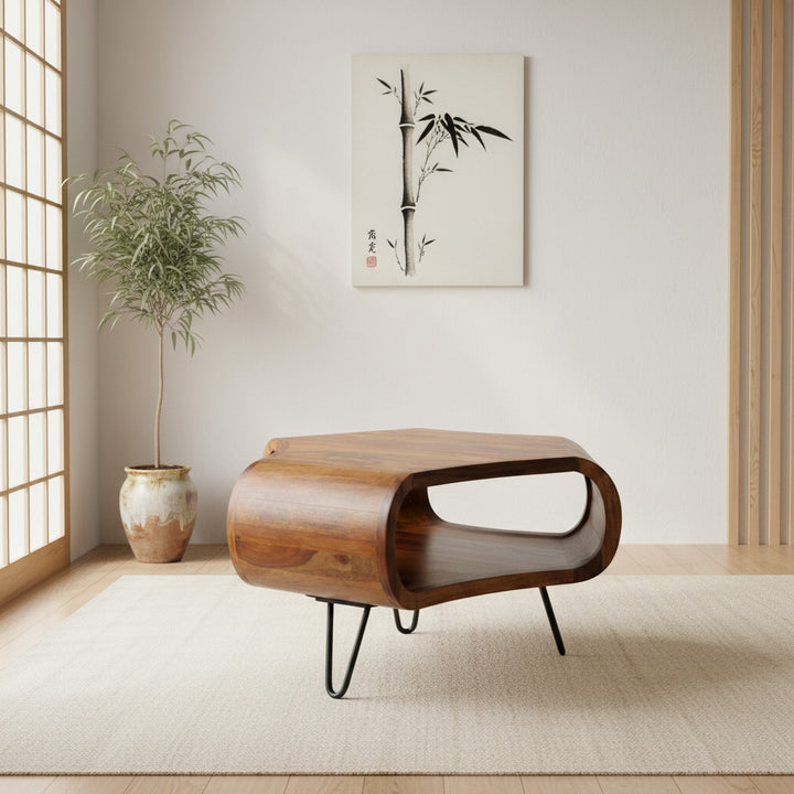 Håndlavet sofabord i organiske former, massivt træ, 55x38x55 cm, brun