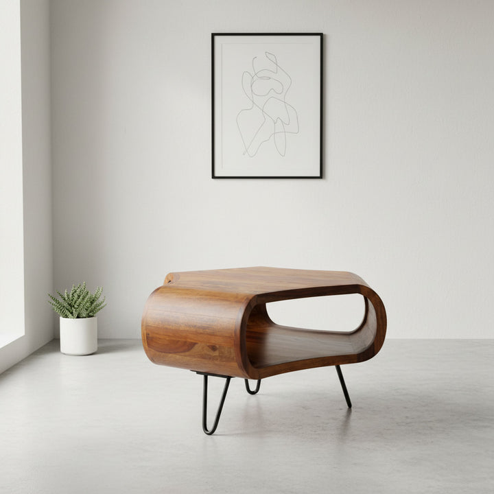 Håndlavet sofabord i organiske former, massivt træ, 55x38x55 cm, brun
