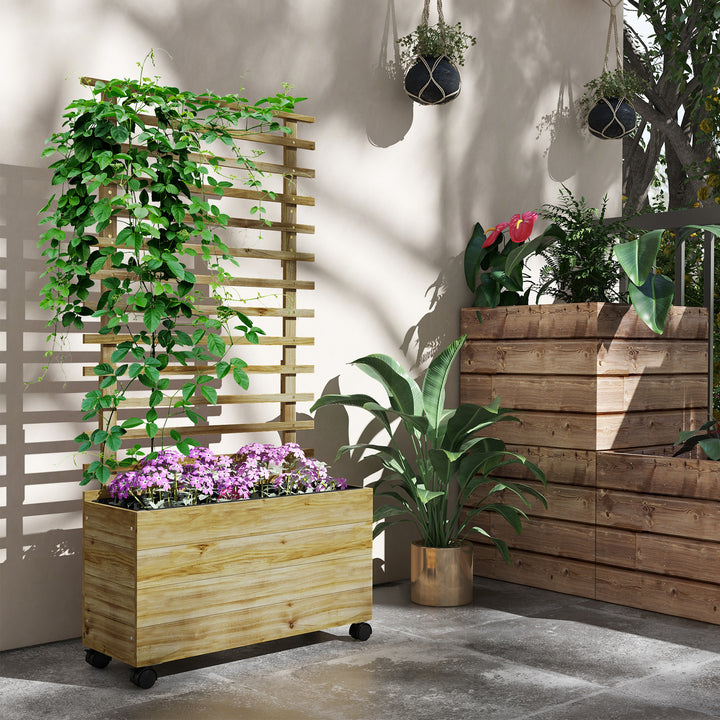 Plantekasse med espalier, 4 hjul, naturtræ, vejrbestandig lak, naturtræ, 76 x 30 x 155 cm