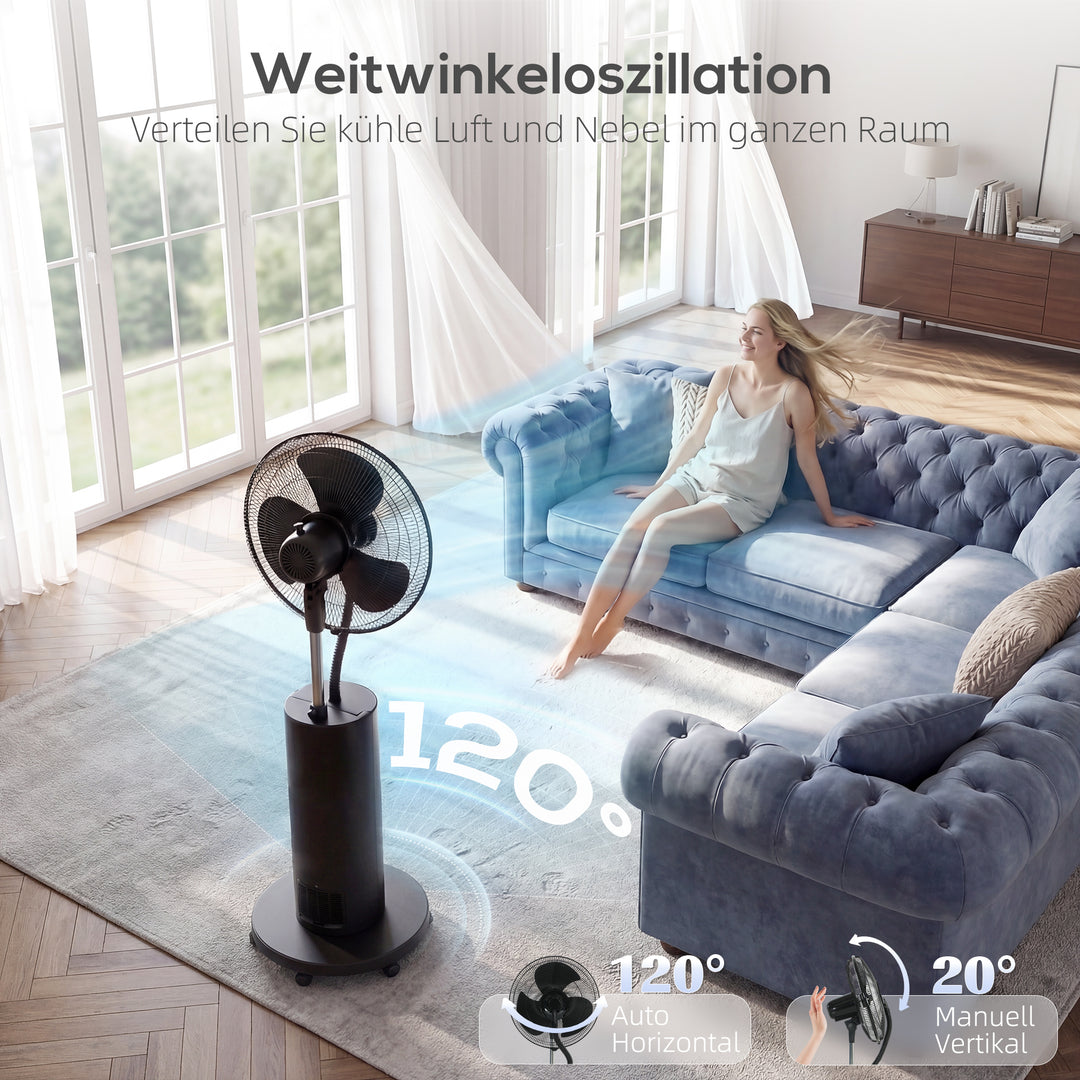 4-i-1 sokkelventilator med vandtåge, luftrenser, myggenet, 9-timers timer, 3 tilstande, fjernbetjening, sort