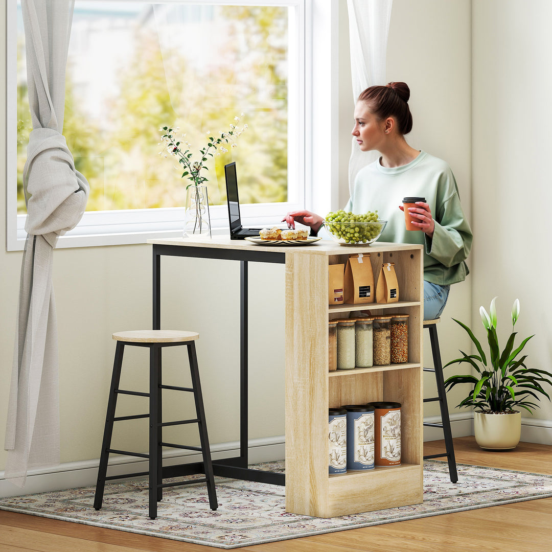 3-Delt barbordssæt, 1 bordplade, 2 stole, med opbevaring og fodstøtter, pladsbesparende, lysebrun + sort