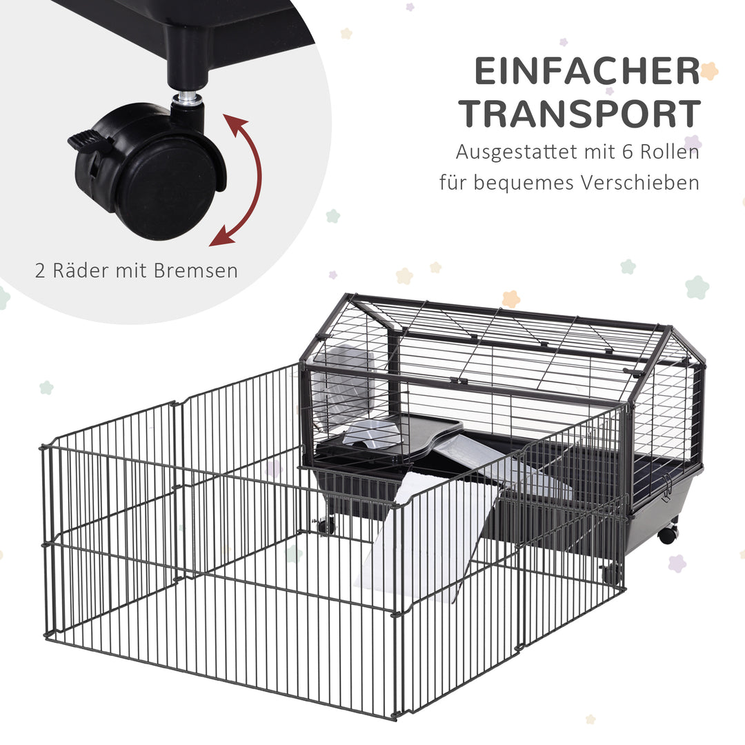 Bur til små dyr med udendørs indhegning inklusive tilbehør 88 cm x 128,5 cm x 56 cm 4 hjul sort metal polypropylen