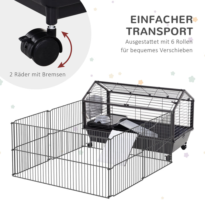 Bur til små dyr med udendørs indhegning inklusive tilbehør 88 cm x 128,5 cm x 56 cm 4 hjul sort metal polypropylen