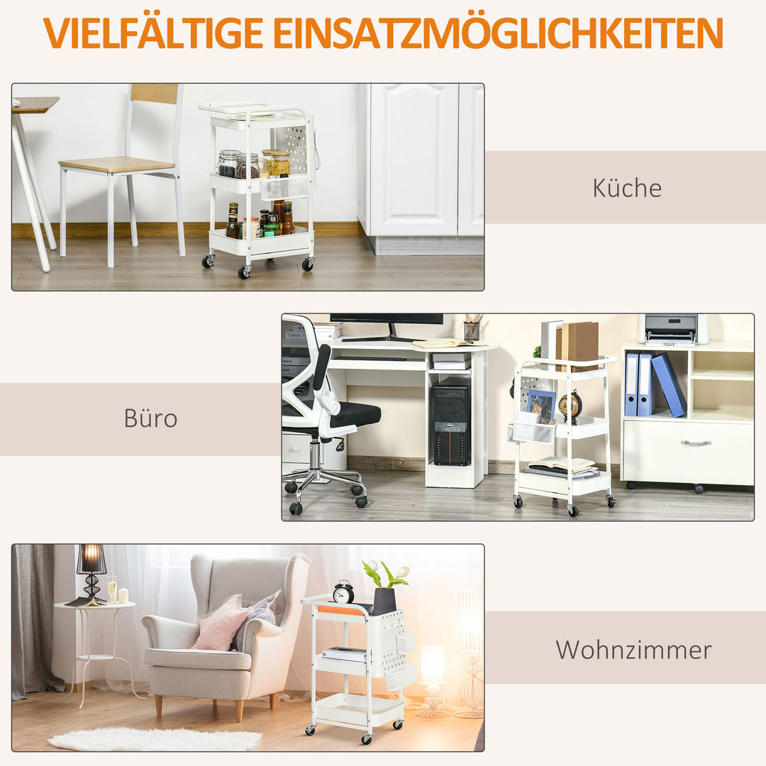 Køkkenvogn med hulplade, håndklædeholdere og opbevaringskurve, 51,5 cm x 32 cm x 75,6 cm, hvid