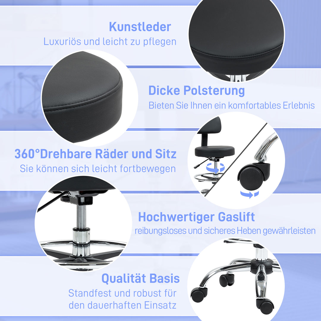 Kontorstol, kompakt drejestol, højdejusterbar, med fodstøtte, 360° drejelig, kunstlæder, metal, sort