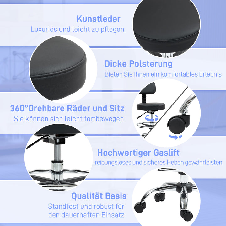 Kontorstol, kompakt drejestol, højdejusterbar, med fodstøtte, 360° drejelig, kunstlæder, metal, sort