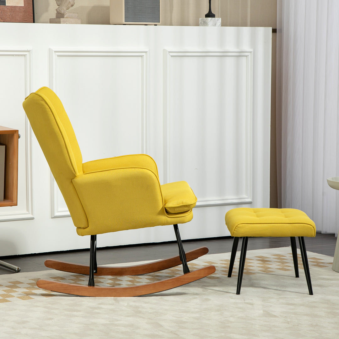 Gyngestol med fodskammel skandinavisk design gyngestol med fodskammel, bøgetræ, quiltet, 64 cm x 89 cm x 90 cm gul