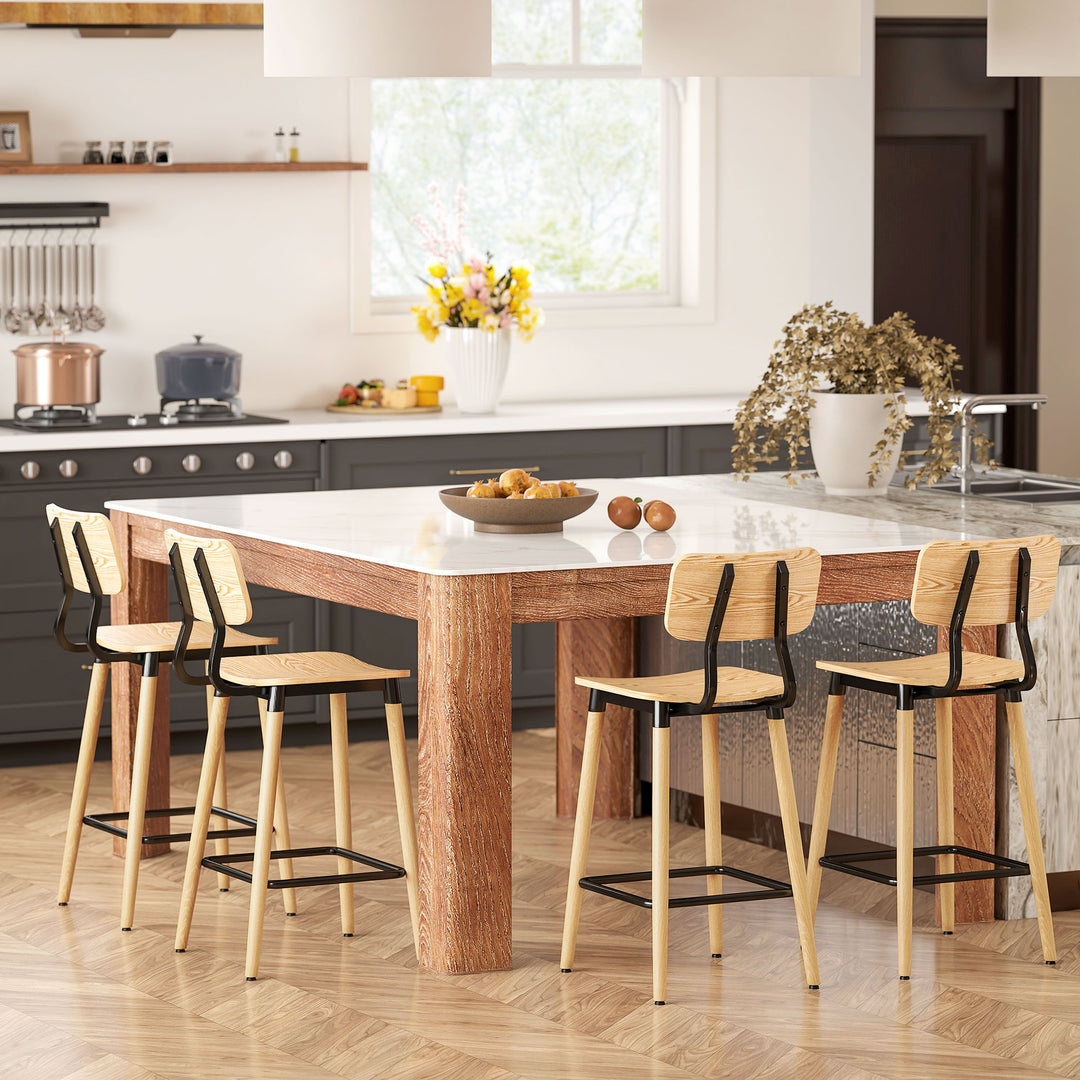 Sæt med 2 barstole med ryglæn, barstole til hjemmebar, køkkenø, spisestue, træ, metal, lysebrun