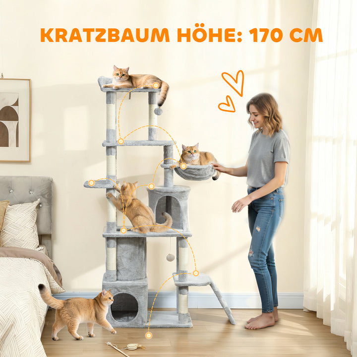 Kradsetræ til katte, 170 cm, tunnel, huler, stor base, sisalpæle, lysegrå