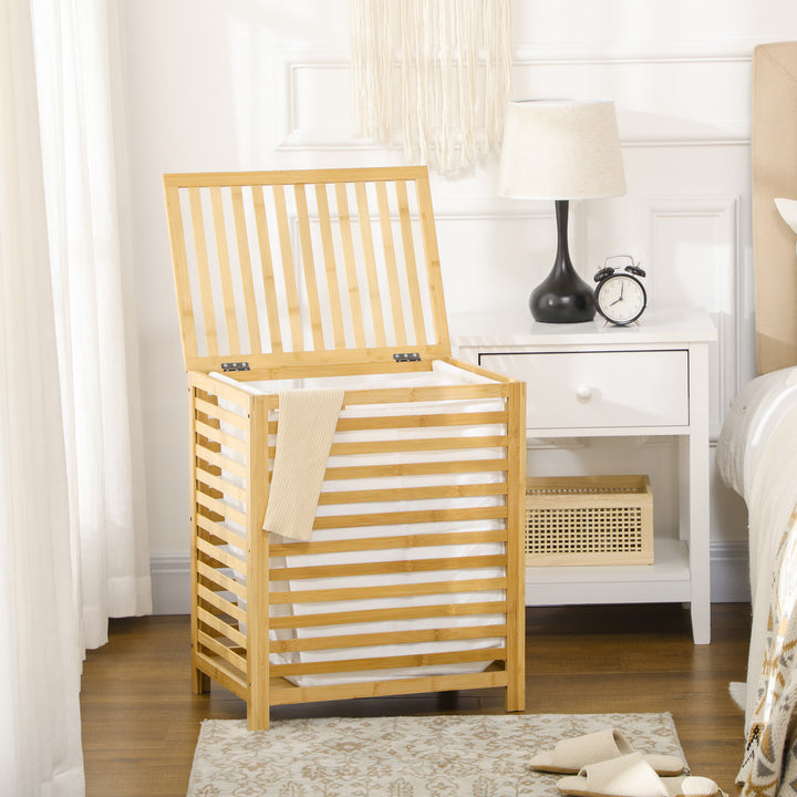 Bambus vasketøjskurv med aftagelig vasketøjspose, vandafvisende, naturfarvet + beige