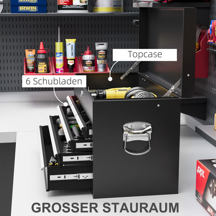 Værktøjskasse, låsbar, 3 skuffer, stålkabinet, 60x26x34cm, sort