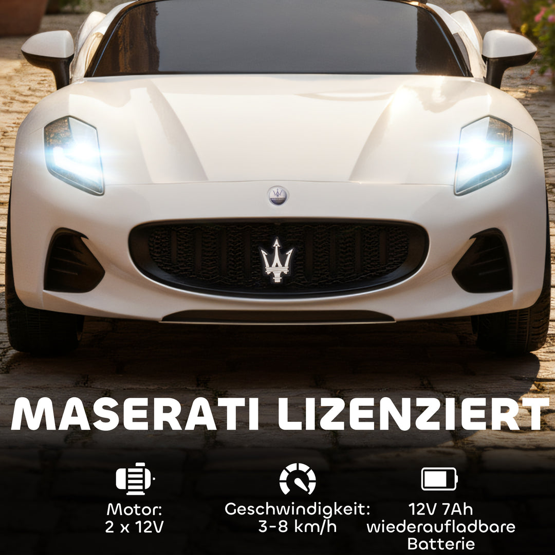 Maserati elbil til børn, 2-personers, 12V batteridrevet, fjernbetjening, LED-lys, musikfunktion, hvid