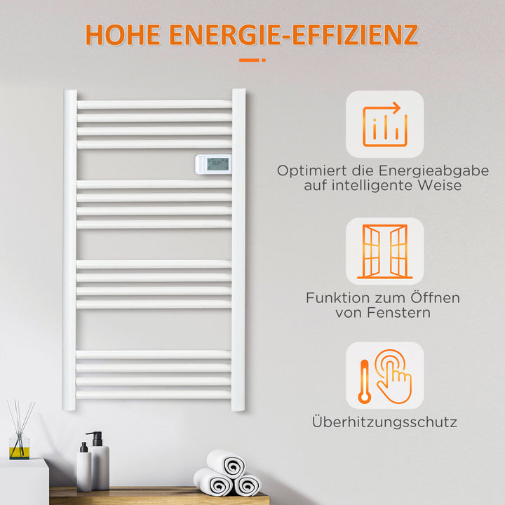 Badeværelsesvarmer, 24/7 programmering, 4 tilstande, overophedningsbeskyttelse, 54 cm x 4 cm x 96 cm, hvid