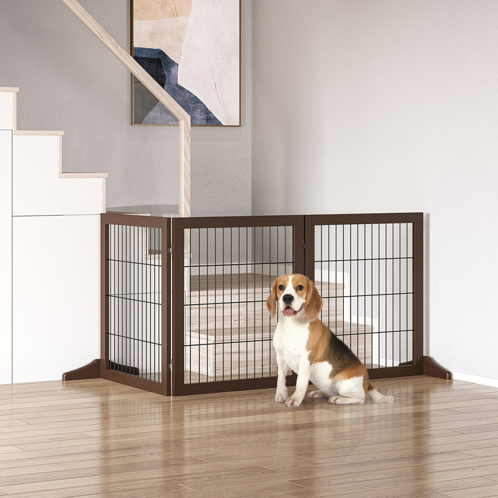 Fritstående hundegitter med fødder, 185 x 71 cm, træ, til trapper, døre, køkken, entré, 3 paneler, brun